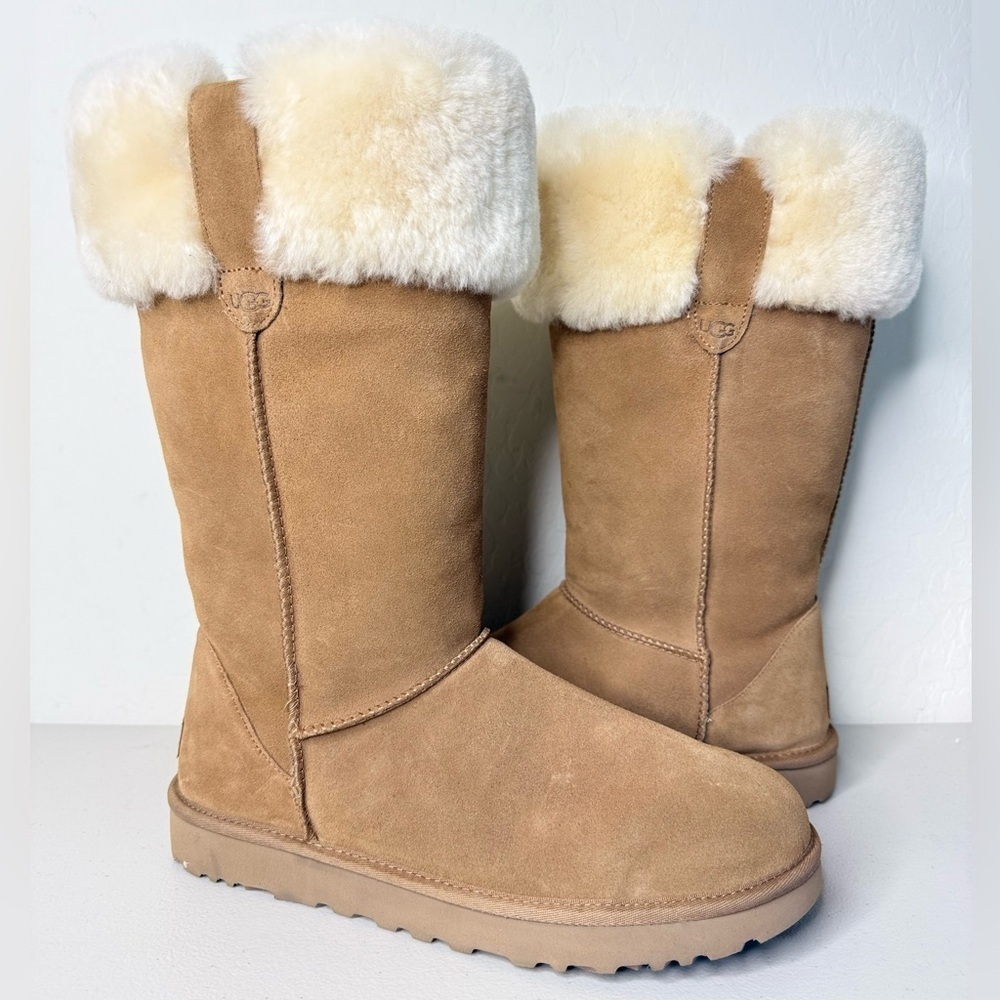 NEW UGG Women's Suhenny Chestnut Suede Sheepskin Cuff Tall Boot Women’s Size 12